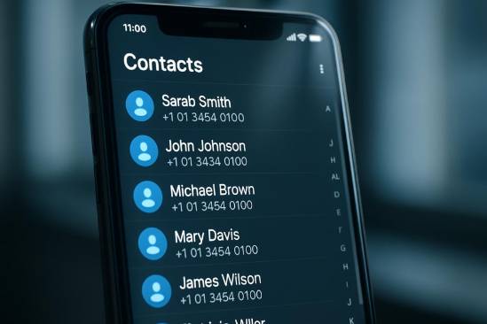 sleek contact list, professional atmosphere, featuring names and numbers clearly, photorealistic, inside a digital device with a screen glare, highly detailed, subtle scrolling motion, high resolution, monochrome with blue accents, ambient indoor lighting, shot with a 35mm lens.