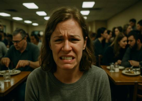 anxious misophonia reactions, frustrated expression, grimacing, photorealistic, crowded restaurant filled with clinking cutlery, highly detailed, people whispering in the background, f/2.8, muted colors, fluorescent lighting, shot with a 35mm lens.