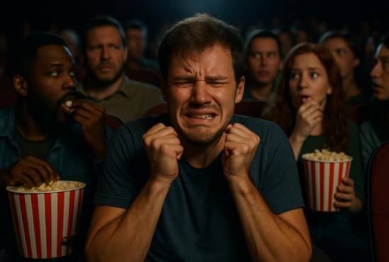 overwhelming misophonia noise, distressed expression, clenching fists, photorealistic, a packed movie theater with crunching popcorn sounds, highly detailed, viewers turning heads, high dynamic range, vivid colors, dim theater lights, shot with an 85mm lens.