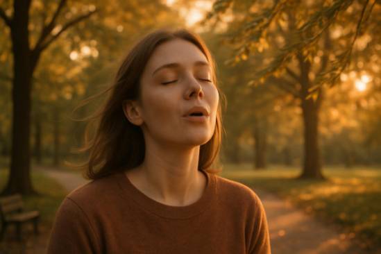 soothing misophonia relief, serene expression, sighing, photorealistic, a quiet park with rustling leaves, highly detailed, gentle breeze moving branches, low ISO, warm colors, golden hour lighting, shot with a 70mm lens.
