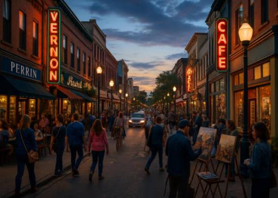 bustling Vernon downtown, lively, featuring local shops and cafes, photorealistic, busy sidewalks and street artists, highly detailed, moving traffic, high-resolution, colorful urban scene, twilight glow, shot with a 35mm lens.