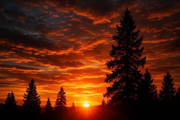 breathtaking Vernon sunset, tranquil, sun turning the sky ablaze, photorealistic, silhouetted trees against a vibrant sky, highly detailed, clouds drifting, high-resolution, golden and orange hues, low-angle lens flare, shot with an 85mm lens.
