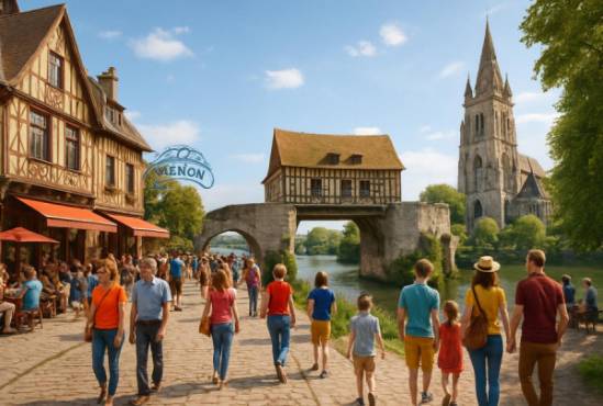 picturesque Vernon attractions, inviting, people enjoying a day out, photorealistic, iconic landmarks with lively crowds, highly detailed, movement captured, high-resolution, varied colorful attire, mid-afternoon light, shot with a 28mm lens.