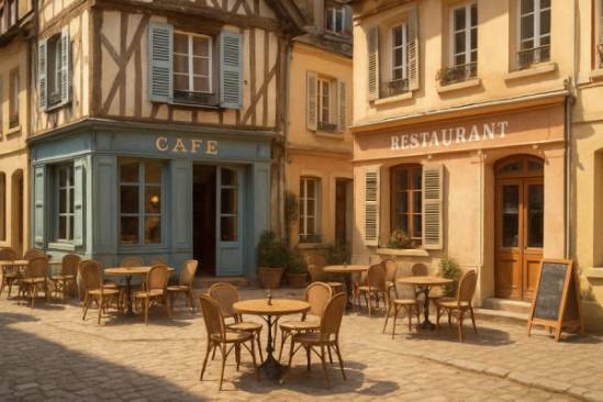 charming Vernon architecture, timeless, corner with European-style cafes, photorealistic, tables and chairs on a cobbled path, highly detailed, ambient chatter, high-resolution, pastel building facades, warm mid-day light, shot with a 50mm lens.