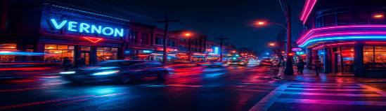 dynamic Vernon downtown, vibrant, city life captured in motion, photorealistic, neon lights and bustling atmosphere, highly detailed, nightlife energy, high-resolution, electric blue and neon pink, evening lighting, shot with a 24mm lens.