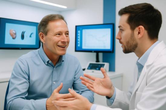 satisfied hearing aid consultation, understanding expression, engaging with an expert, photorealistic, modern clinic with technology displays, highly detailed, animated hand gestures, clean white and blue color scheme, fluorescent lighting, shot with a 50mm portrait lens