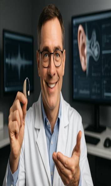 professional hearing aid specialist, friendly expression, showing device features, photorealistic, high-tech office with digital screens, highly detailed, twinkling eyes, sharp contrast, neutral colors, studio lighting, shot with a 70-200mm telephoto lens