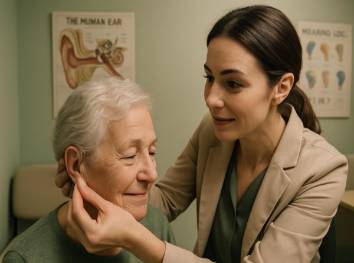 precise hearing aid fitting, reassuring expression, ensuring device fits perfectly, photorealistic, consulting room with posters on walls, highly detailed, dynamic interaction, muted shades of green and beige, gentle overhead lighting, shot with a 35mm wide-angle lens