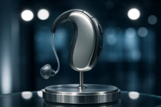 innovative hearing aid device, neutral expression, being demonstrated on a stand, photorealistic, tech showcase environment with spotlights, highly detailed, rotating model display, metallic colors, bright spotlight lighting, shot with a 150mm telephoto lens