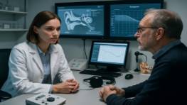 bustling audiology office, focused expression, consulting with a patient, photorealistic, clinical interior with advanced equipment, highly detailed, interactive digital displays, 35mm lens, cool lighting, soft shadows