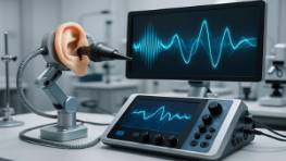advanced audiology equipment, innovative vibe, operating in action, photorealistic, sterile lab environment with precision instruments, highly detailed, dynamic sound wave graphics, macro lens, neutral lighting, crisp resolution