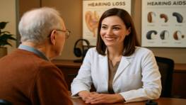 professional audiology staff, empathetic smile, engaging with patient, photorealistic, welcoming office setup with informative displays, highly detailed, background noise reducer, 85mm lens, warm ambient lighting, vibrant contrast