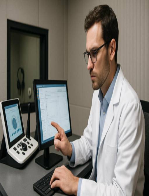 state-of-the-art audiology clinic, concentrated expression, inputting data, photorealistic, clean modern design with touch-screen interfaces, highly detailed, subtle acoustic panels, 24mm lens, diffused lighting, rich textures