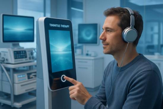 innovative tinnitus therapy, hopeful, interacting with a high-tech device, photorealistic, modern clinic with advanced equipment, highly detailed, digital screens showing calming graphics, 4K resolution, cool blues and whites, soft ambient light, shot with a wide-angle lens.
