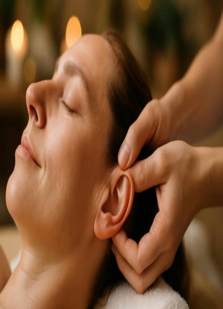 effective tinnitus treatment, relieved, undergoing an ear massage, photorealistic, serene spa with soothing aromas, highly detailed, gentle hands applying pressure, macro shot with a shallow depth of field, natural skin tones, diffused soft light, shot with an 85mm lens.