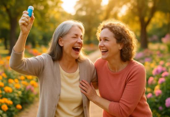 breakthrough tinnitus cure, optimistic, celebrating with a supportive friend, photorealistic, sunlit park with vibrant flowers, highly detailed, smiles and genuine emotions, ultra-high-definition, vibrant and pastel colors, golden hour light, shot with a 35mm lens.