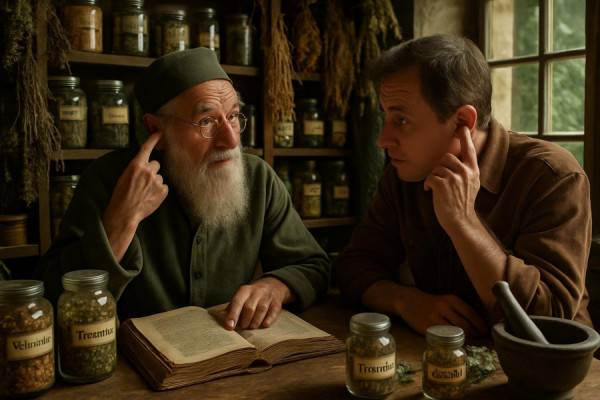 traditional tinnitus health practice, intrigued, consulting an herbalist, photorealistic, cozy apothecary filled with dried herbs and natural remedies, highly detailed, jars and labels with medicinal plants, realistic textures, earthen and green shades, window light casting shadows, shot with a 24mm lens.