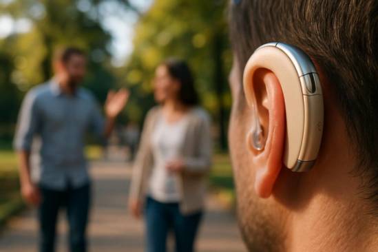 compact hearing aid, innovative, assisting hearing, photorealistic, outdoor park setting with people walking by, highly detailed, interactive elements of conversation, bokeh background effect, beige and metallic tones, natural sunlight, shot with a zoom lens.