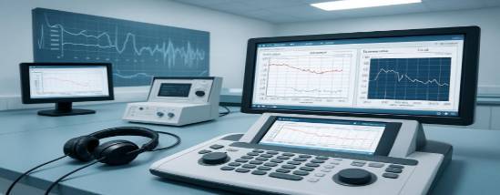 advanced hearing health equipment, informative, diagnosing frequencies, photorealistic, clinical laboratory with digital monitors, highly detailed, waveform graphs in the background, technical details on screen, sterile blue and white, fluorescent lighting, shot with a wide-angle lens.