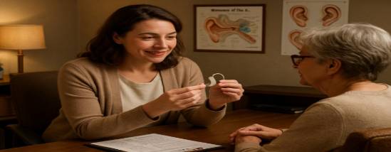 caring hearing care expert, compassionate, consulting with a patient, photorealistic, cozy clinic office, highly detailed, patient charts and ear diagrams, rich textures of furniture, warm earth tones, diffuse lighting, shot with a standard lens.