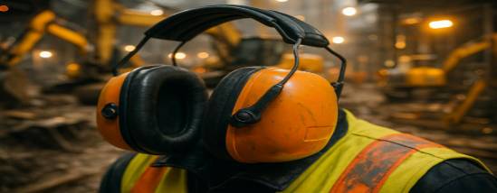 protective hearing protection gear, resilient, blocking noise, photorealistic, busy construction site, highly detailed, dynamic elements showing machinery operations, safety details, orange and yellow, harsh industrial lighting, shot with a telephoto lens.
