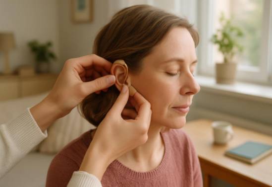 customized hearing device fitting, personalized, adjusting for comfort, photorealistic, serene home environment, highly detailed, lifestyle elements of everyday use, hints of personal belongings, soft pastel colors, natural window light, shot with a 35mm lens.
