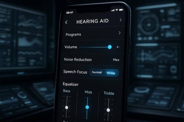 high-tech hearing aid app interface, digital, managing hearing settings, photorealistic, virtual workspace with technological displays, highly detailed, interactive sliders and options, crisp screen visuals, monochromatic with vibrant accent, backlit glow, shot with a close-up lens.