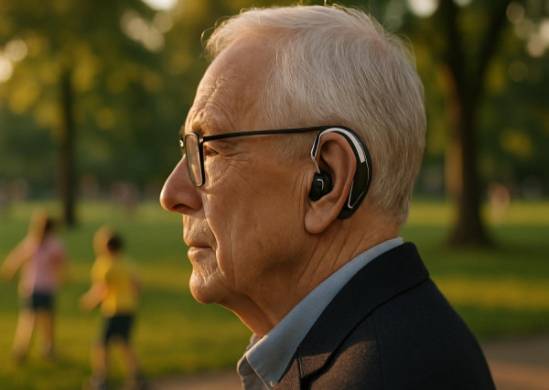 cutting-edge hearing technology, conveying sophistication in use, being worn by a senior citizen, photorealistic, in a lively park setting with children playing, highly detailed, trees swaying softly in the breeze, sharp focus, black and chrome, golden hour lighting, shot with a 135mm lens.