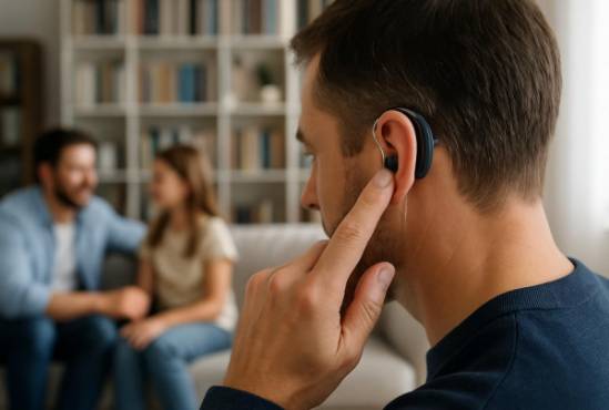 smart hearing care, showcasing intuitive controls, adjusting volume discreetly, photorealistic, situated in a modern living room with a bookshelf background, highly detailed, dynamic family interactions nearby, crystal clear resolution, navy blue and white, morning sunlight, shot with a 50mm lens.