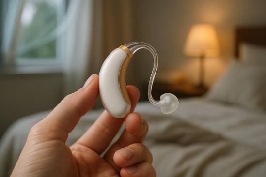 ergonomic hearing device, emphasizing comfort, being highlighted in a hand, photorealistic, in a serene bedroom with soft pillows, highly detailed, gentle breeze from an open window, precise clarity, pearl white and gold, dim lamp lighting, shot with a 50mm lens.
