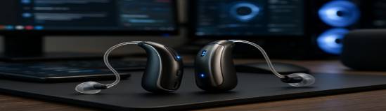 feature-rich hearing aids, integrating with smart devices, appearing in a tech review setting, photorealistic, on a desk filled with gadgets and monitors, highly detailed, faint background hum of computer fans, high precision, metallic black and silver, LED accent lighting, shot with a 70-200mm lens.