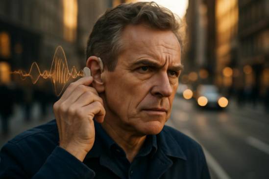 compact hearing aid, determined expression, fine-tuning, photorealistic, bustling city street, highly detailed, acoustic pattern visualizations, high dynamic range, navy blue, golden hour lighting, shot with a 85mm lens.