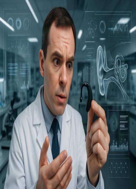 advanced hearing technology, inquisitive expression, demonstrating, photorealistic, science laboratory environment, highly detailed, digital interface overlays, ultra-HD, jet black, bright laboratory lighting, shot with a wide-angle lens.