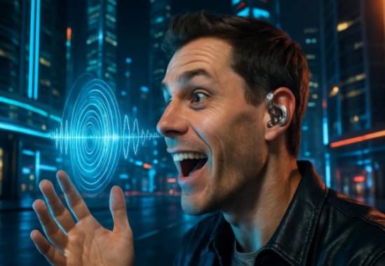 cutting-edge hearing innovation, excited expression, interacting, photorealistic, futuristic cityscape, highly detailed, holographic sound waves, 8K resolution, chrome silver, neon lighting, shot with a 24mm lens.