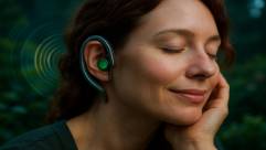 innovative hearing enhancement, relaxed expression, experimenting, photorealistic, serene outdoor garden, highly detailed, natural sound gradient effects, high resolution, forest green, twilight lighting, shot with a macro lens.