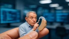 miniature hearing device, curious expression, testing, photorealistic, tech company office space, highly detailed, software interface displays, detailed depth of field, electric blue, overhead lighting, shot with a 105mm lens.
