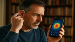 state-of-the-art hearing aid, focused expression, calibrating, photorealistic, home library with books, highly detailed, interactive sound maps, vivid colors, afternoon sunlight, shot with a portrait lens.