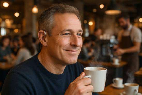 state-of-the-art hearing devices, satisfied expression, enhancing auditory experience, photorealistic, bustling café with people chatting and barista making coffee, highly detailed, steam rising from cups, crisp tones, warm lighting, shot with a Nikon D850.