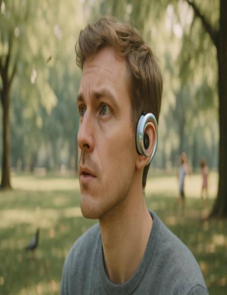 innovative hearing technology, curious expression, analyzing surrounding sounds, photorealistic, serene park with birds chirping and children playing, highly detailed, rustling leaves, muted pastels, dappled sunlight, shot with a Sony Alpha 7R IV.