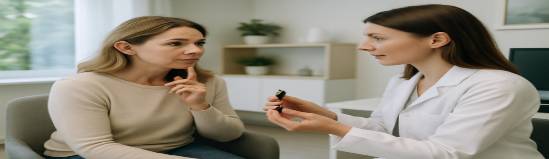 comfortable hearing care, thoughtful expression, interacting with a professional, photorealistic, modern clinic with clean lines and calming decor, highly detailed, ambient sounds of nature, soft colors, balanced lighting, shot with a Leica Q2.