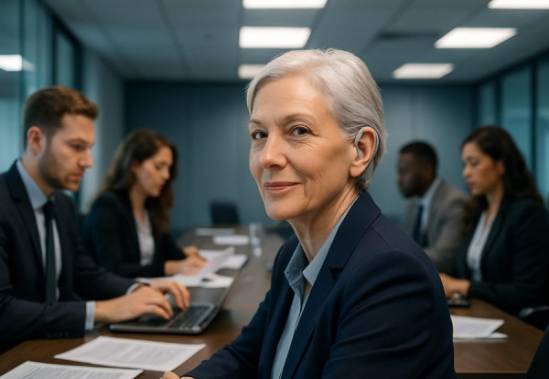advanced hearing support, confident expression, participating in a conversation, photorealistic, corporate meeting room with a large table and colleagues, highly detailed, shuffling papers and clicking keyboards, cool blues, overhead fluorescent lighting, shot with a Fujifilm X-T4.