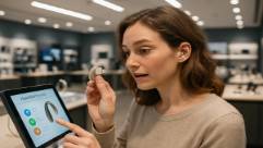 user-friendly hearing technology, intrigued expression, learning about new features, photorealistic, tech store with various gadgets on display, highly detailed, interactive touchscreens, sharp, neutral tones, LED lighting, shot with a Panasonic Lumix S1R.