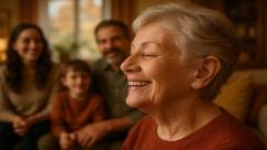 custom-fitted hearing aids, content expression, reveling in clear sound, photorealistic, cozy home with family gathered around, highly detailed, the hum of conversation, warm autumn hues, soft ambient lighting, shot with a Canon EOS R5.