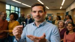 hearing care innovation, self-assured expression, demonstrating to others, photorealistic, community center with diverse groups interacting, highly detailed, distant laughter, vivid contrasts, dynamic ceiling lights, shot with a Sony A6600.