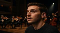 next-generation hearing devices, impressed expression, listening attentively, photorealistic, concert hall with orchestra tuning instruments, highly detailed, reverberating notes, dark and rich tones, spotlight on stage, shot with a Nikon Z7.